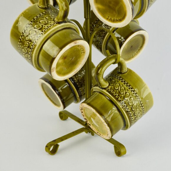 Vintage Avocado Green Japan Coffee Mugs Set of 6 With Storage Tree - Picture 4 of 10
